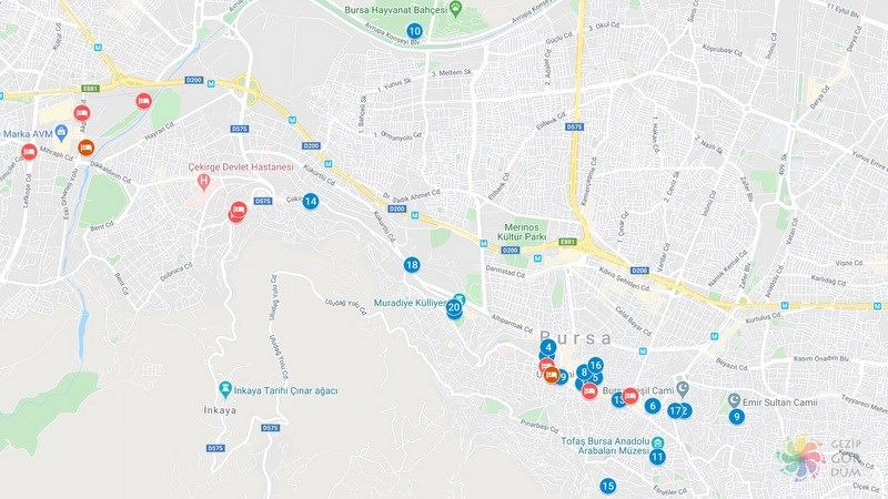 Bursa'da nerede kalınır haritaları