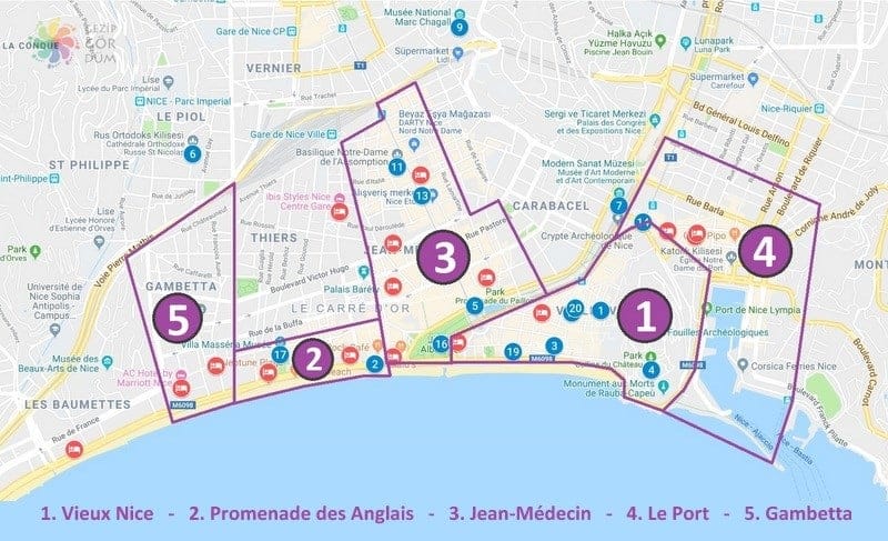 Nice'de konaklama yapılacak bölgeler harita konum bilgisi