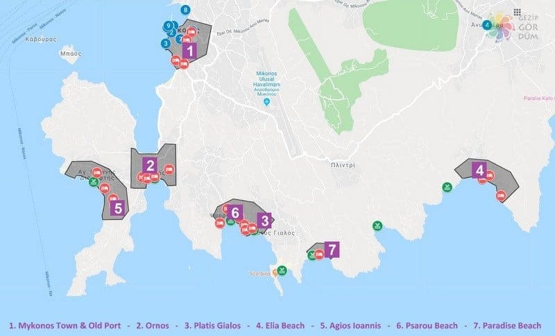 Mykonos'ta konaklama yapılacak bölgelerin konumları