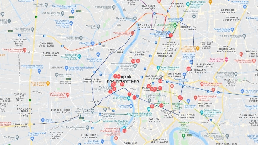 Bangkok gezilecek yerler harita konumları