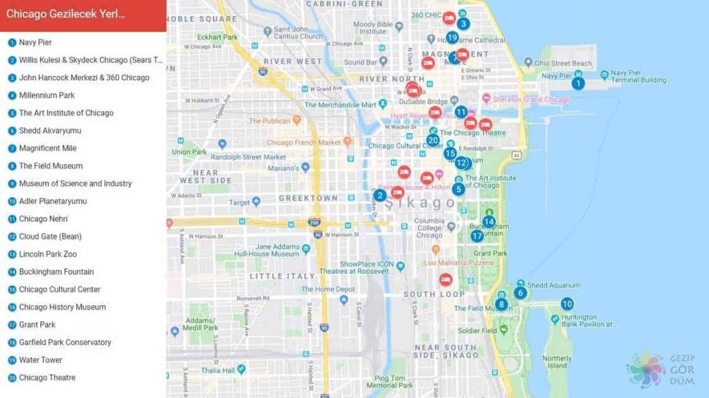 Chicago gezilecek yerler harita konumları, Chicago haritası