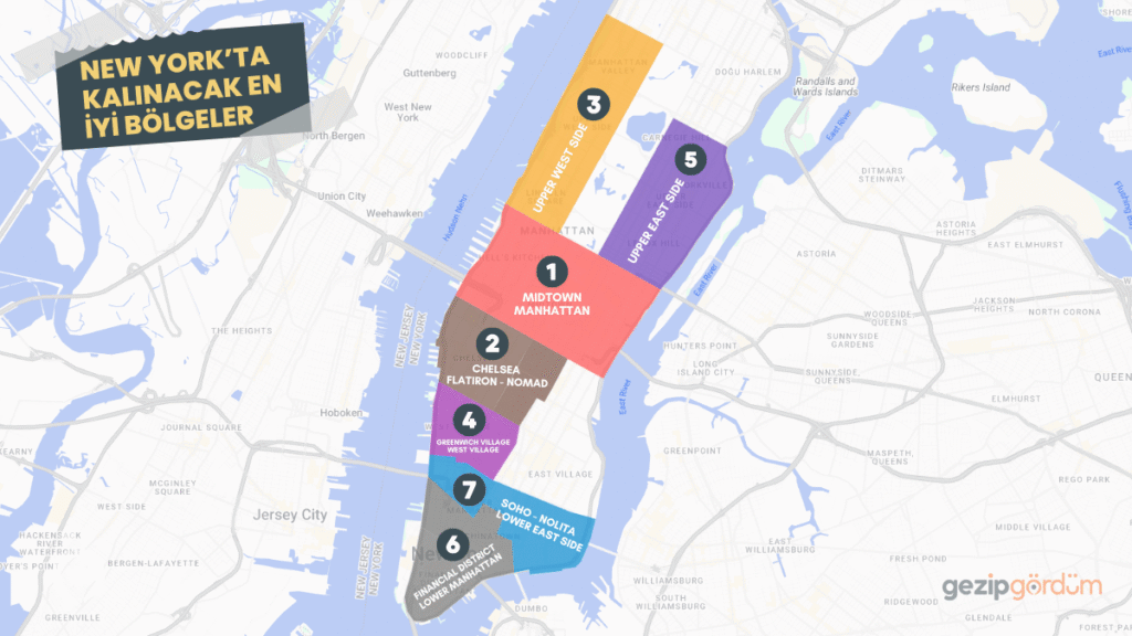 New Yorkta nerede kalinir haritasi New York Konaklama Bölgeleri Haritası